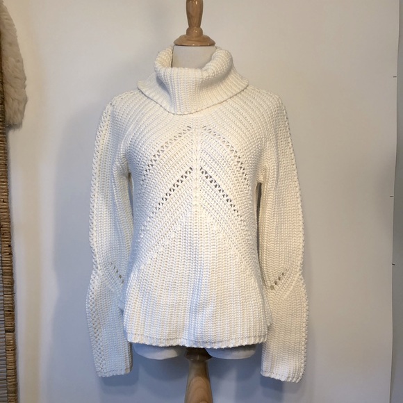 HALOGEN-Creamy White Boho Chunky Cotton Blend Turtleneck Sweater-Medium - Picture 1 of 6